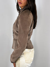 2000s Taupe Faux Suede Ruffle-Trim Jacket - S