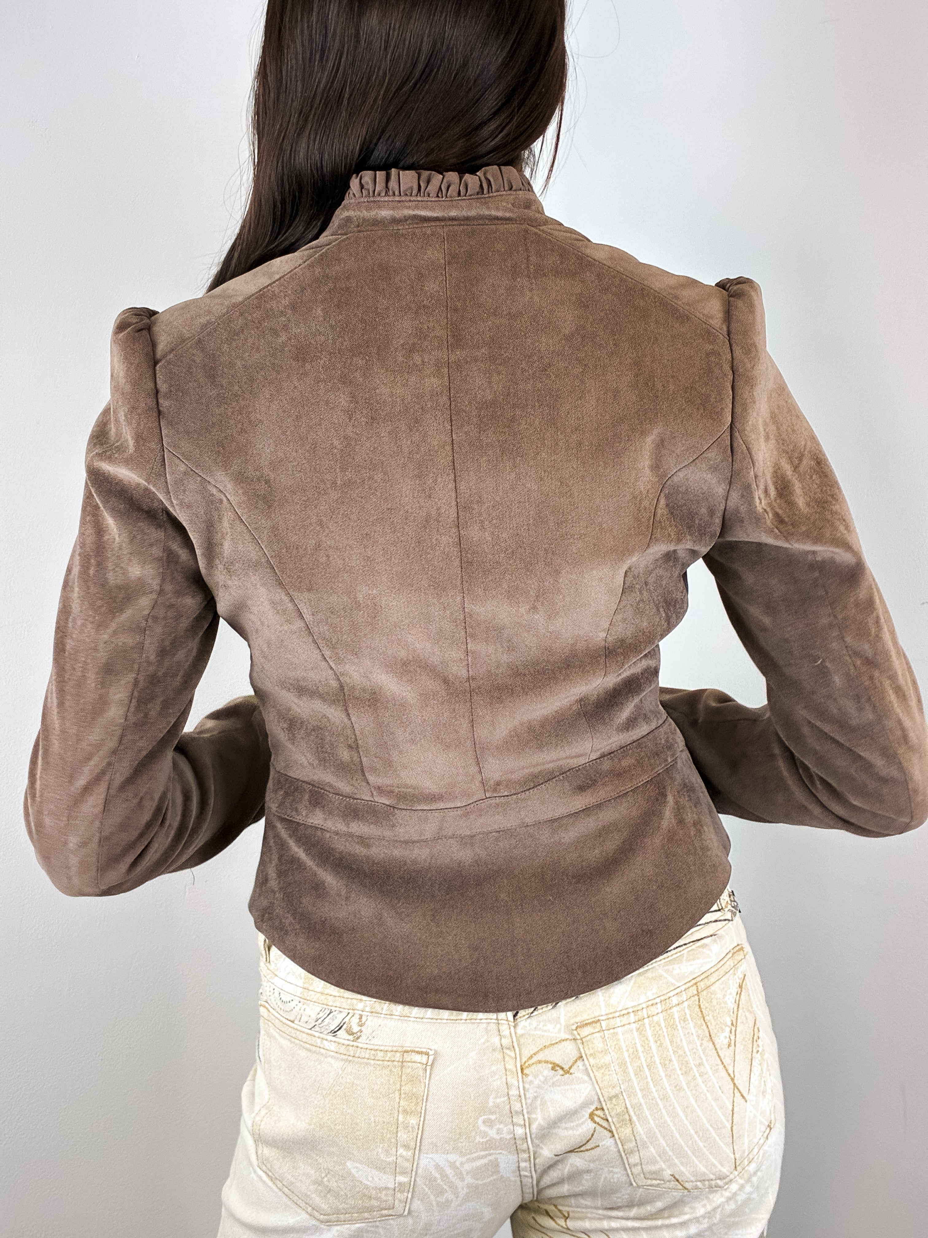 2000s Taupe Faux Suede Ruffle-Trim Jacket - S