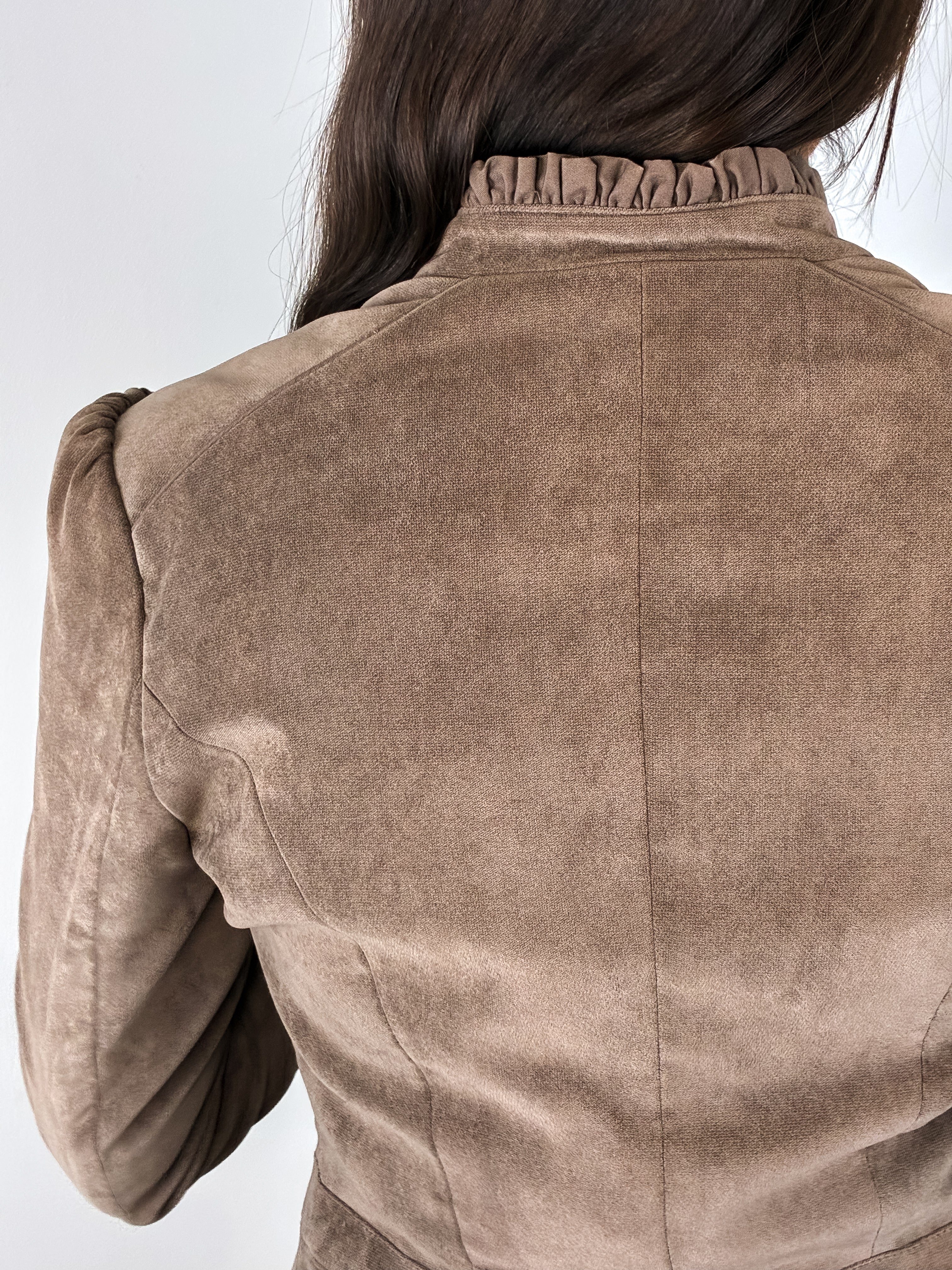 2000s Taupe Faux Suede Ruffle-Trim Jacket - S