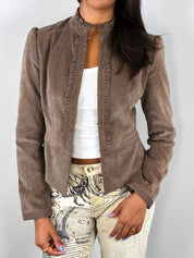 2000s Taupe Faux Suede Ruffle-Trim Jacket - S