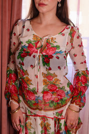 Blumarine 2000s Floral Silk Chiffon Poet Sleeve Blouse