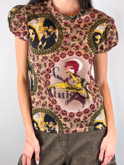 Jean Paul Gaultier JPG Jean's 1990s La Mujer Print Puff Sleeve Mesh Top - S-L