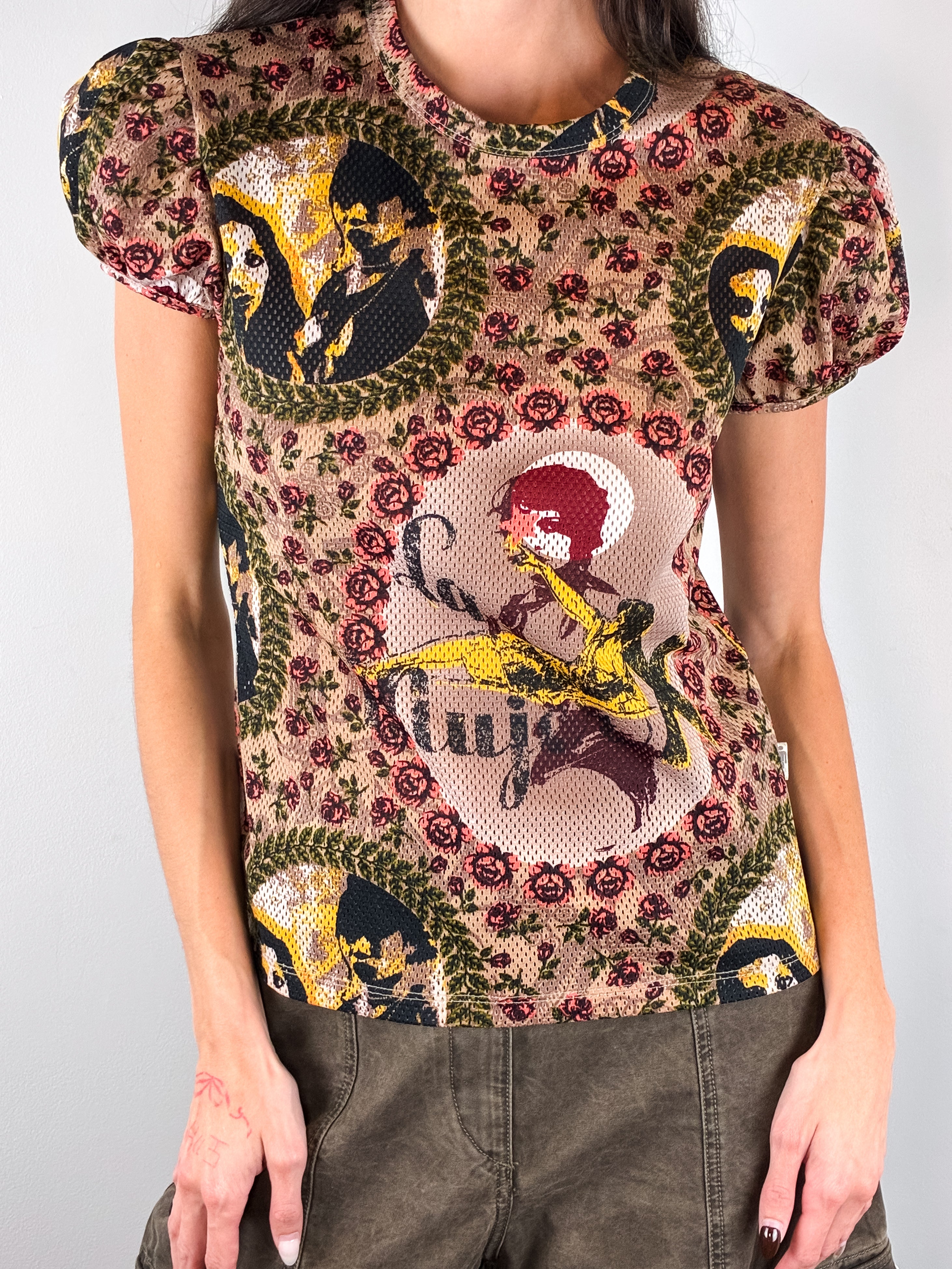 Jean Paul Gaultier JPG Jean's 1990s La Mujer Print Puff Sleeve Mesh Top - S-L