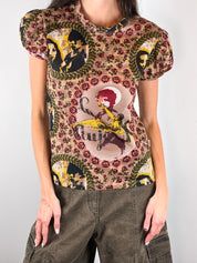Jean Paul Gaultier JPG Jean's 1990s La Mujer Print Puff Sleeve Mesh Top - S-L
