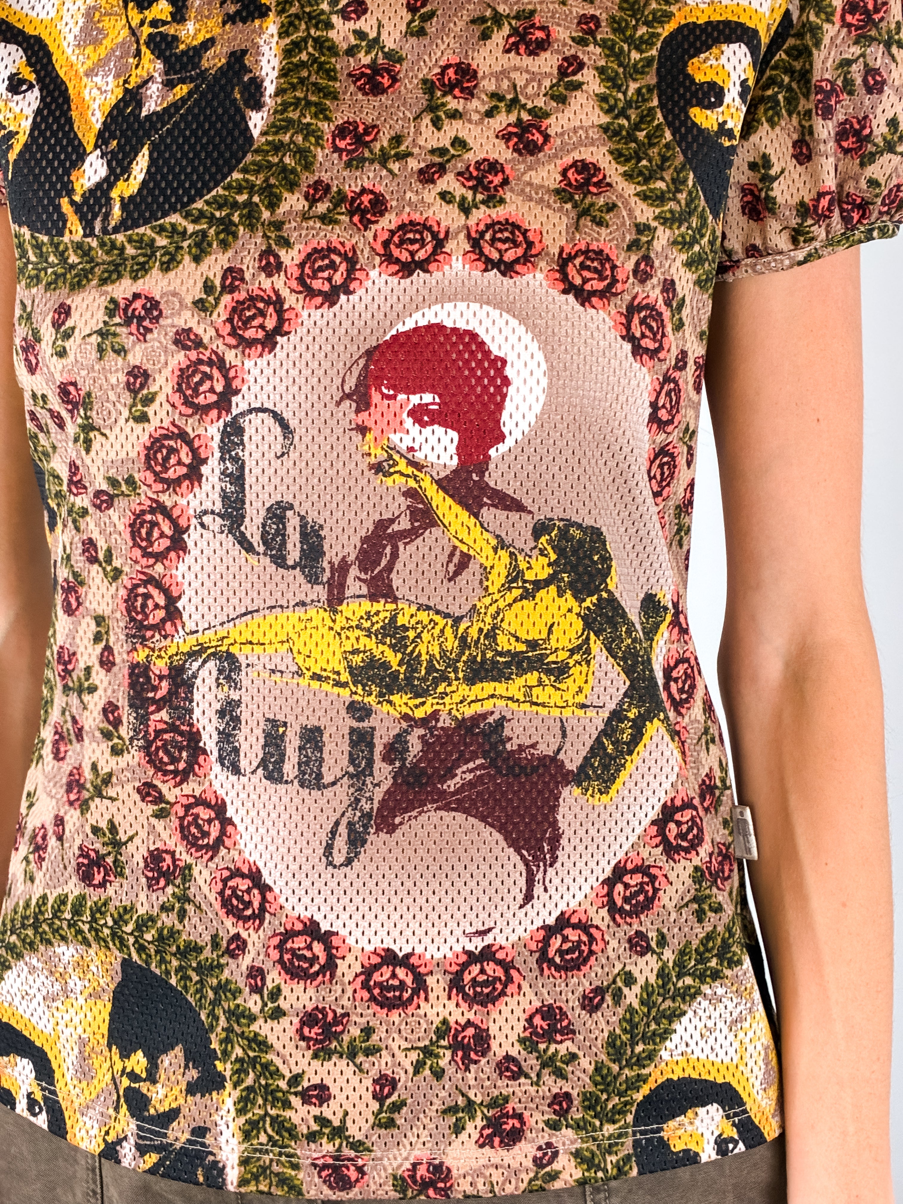 Jean Paul Gaultier JPG Jean's 1990s La Mujer Print Puff Sleeve Mesh Top - S-L