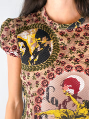 Jean Paul Gaultier JPG Jean's 1990s La Mujer Print Puff Sleeve Mesh Top - S-L