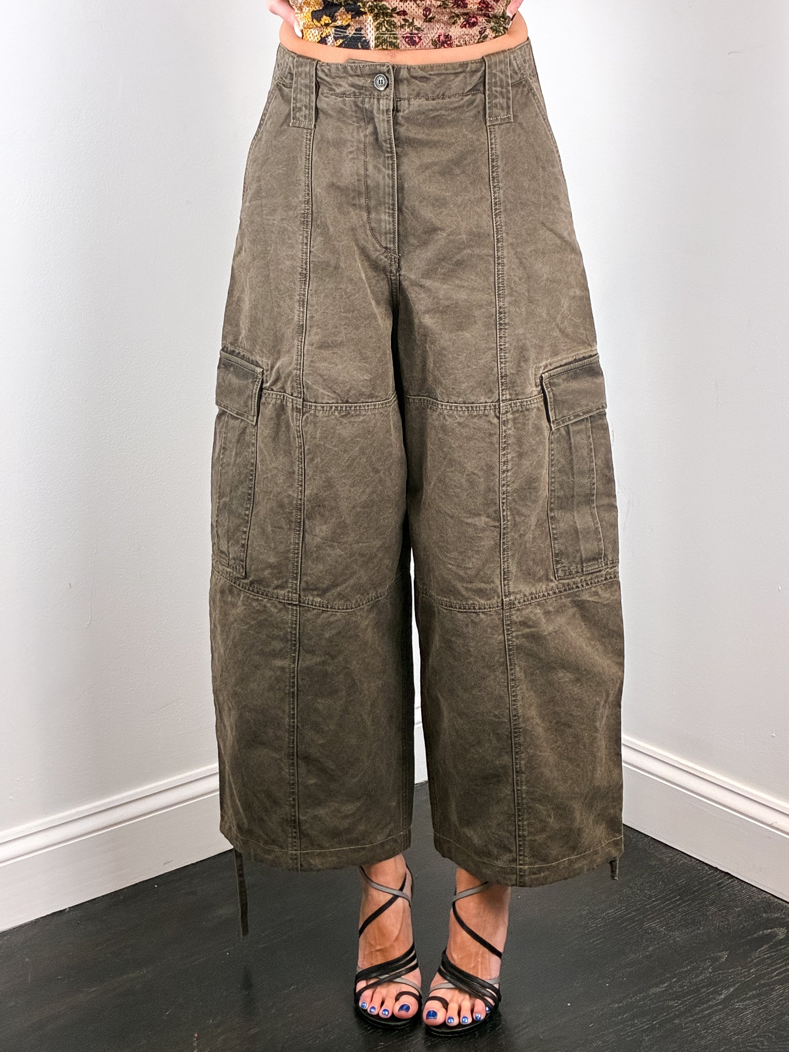 Kenzo Paris Modern Washed Olive Barrel Leg Cargo Pants - W28