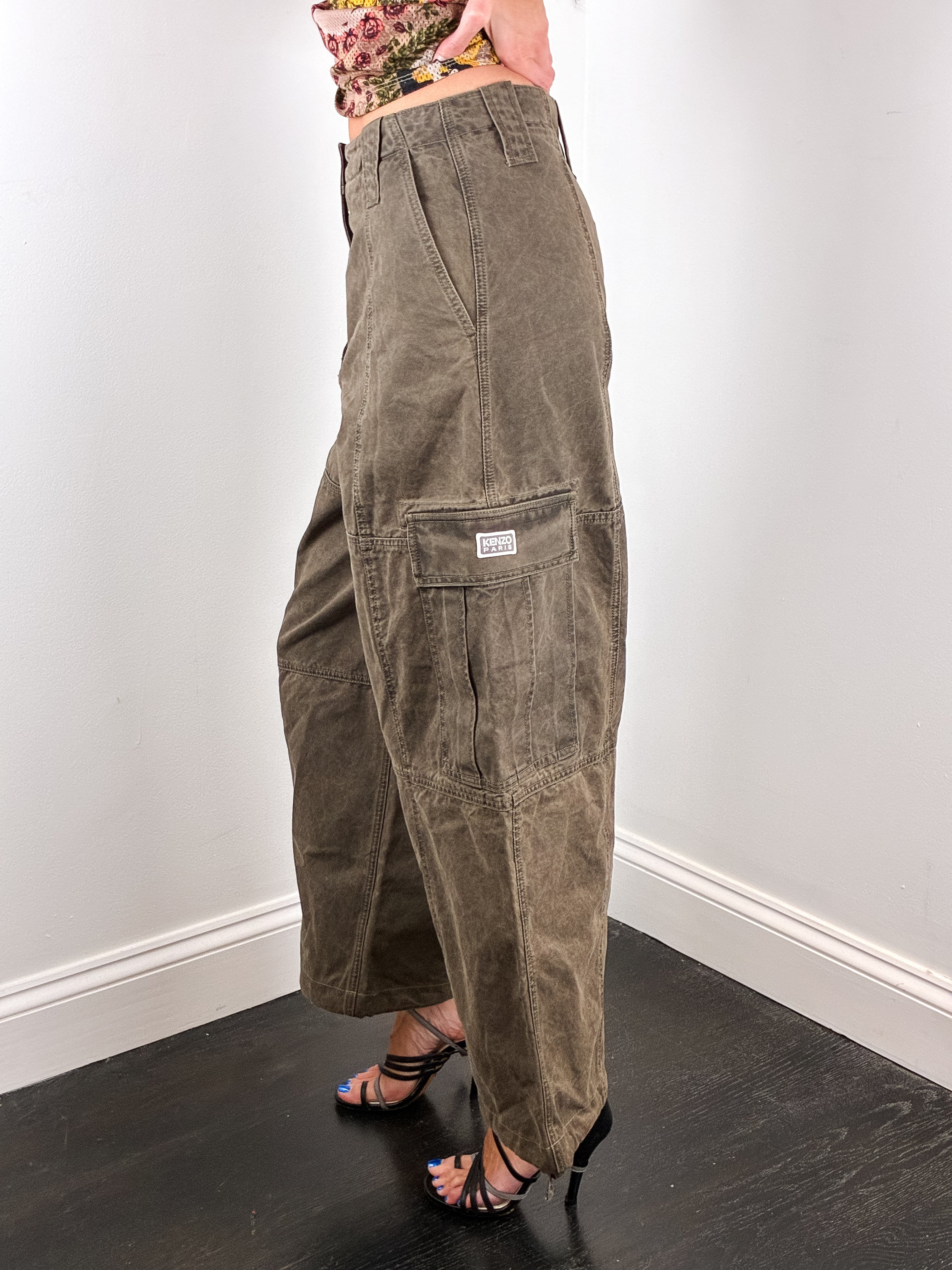 Kenzo Paris Modern Washed Olive Barrel Leg Cargo Pants - W28