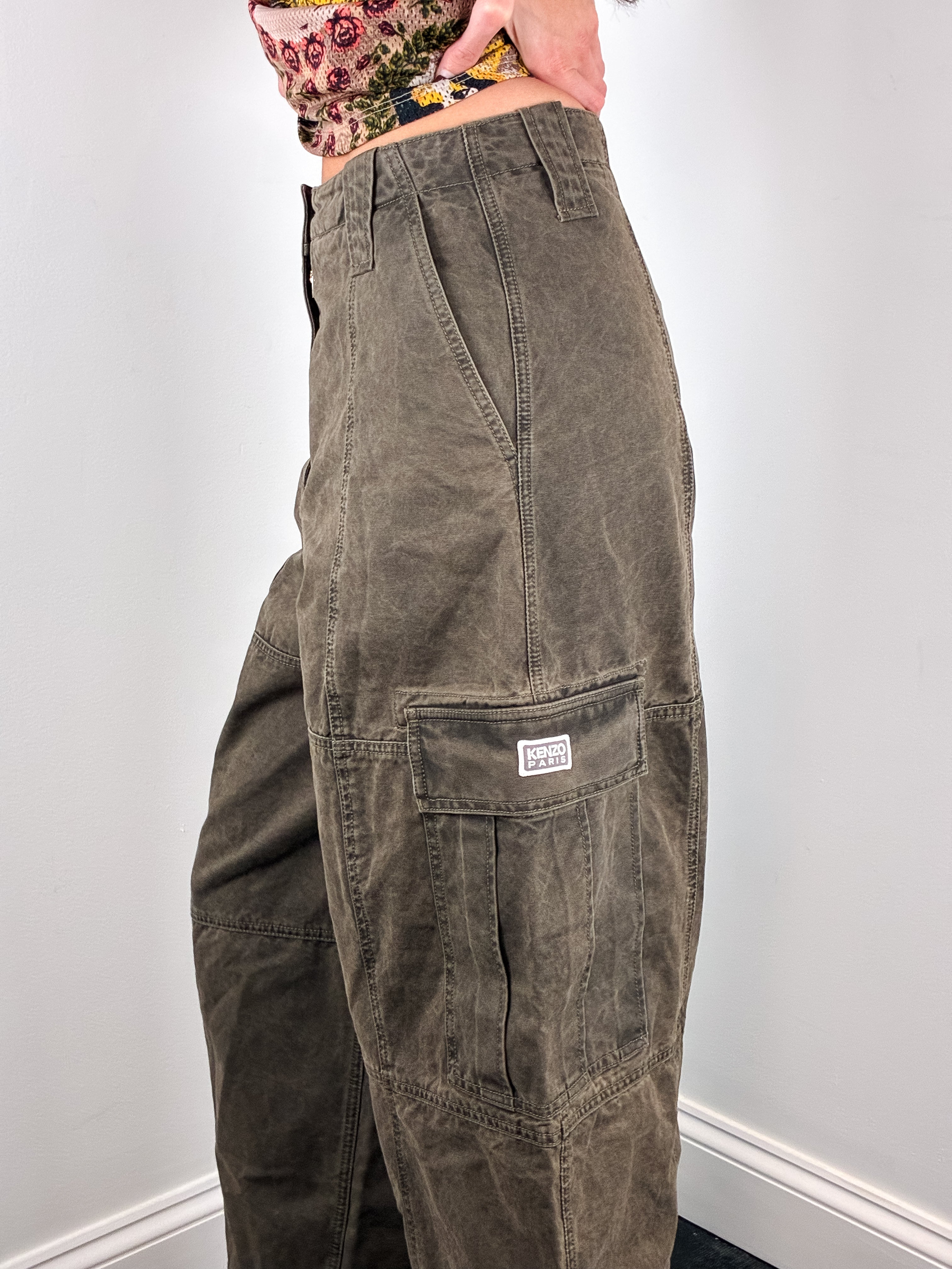 Kenzo Paris Modern Washed Olive Barrel Leg Cargo Pants - W28