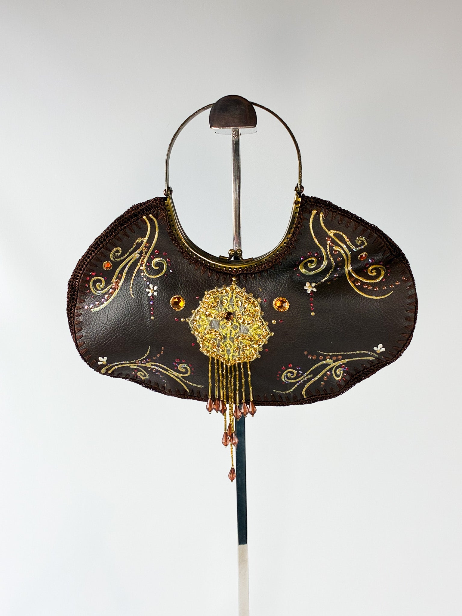 2000s Hand-Painted Brown Embellished Evening Bag with Ring Handle