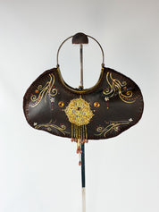 2000s Hand-Painted Brown Embellished Evening Bag with Ring Handle