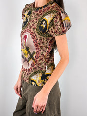 Jean Paul Gaultier JPG Jean's 1990s La Mujer Print Puff Sleeve Mesh Top - S-L