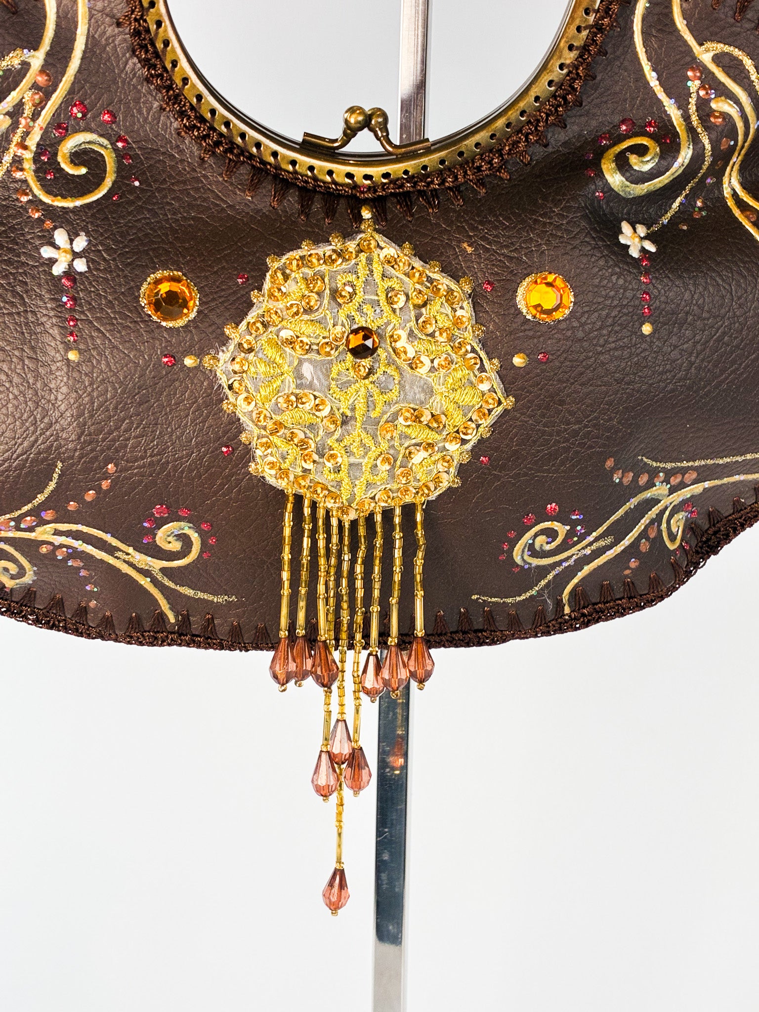 2000s Hand-Painted Brown Embellished Evening Bag with Ring Handle