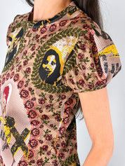 Jean Paul Gaultier JPG Jean's 1990s La Mujer Print Puff Sleeve Mesh Top - S-L