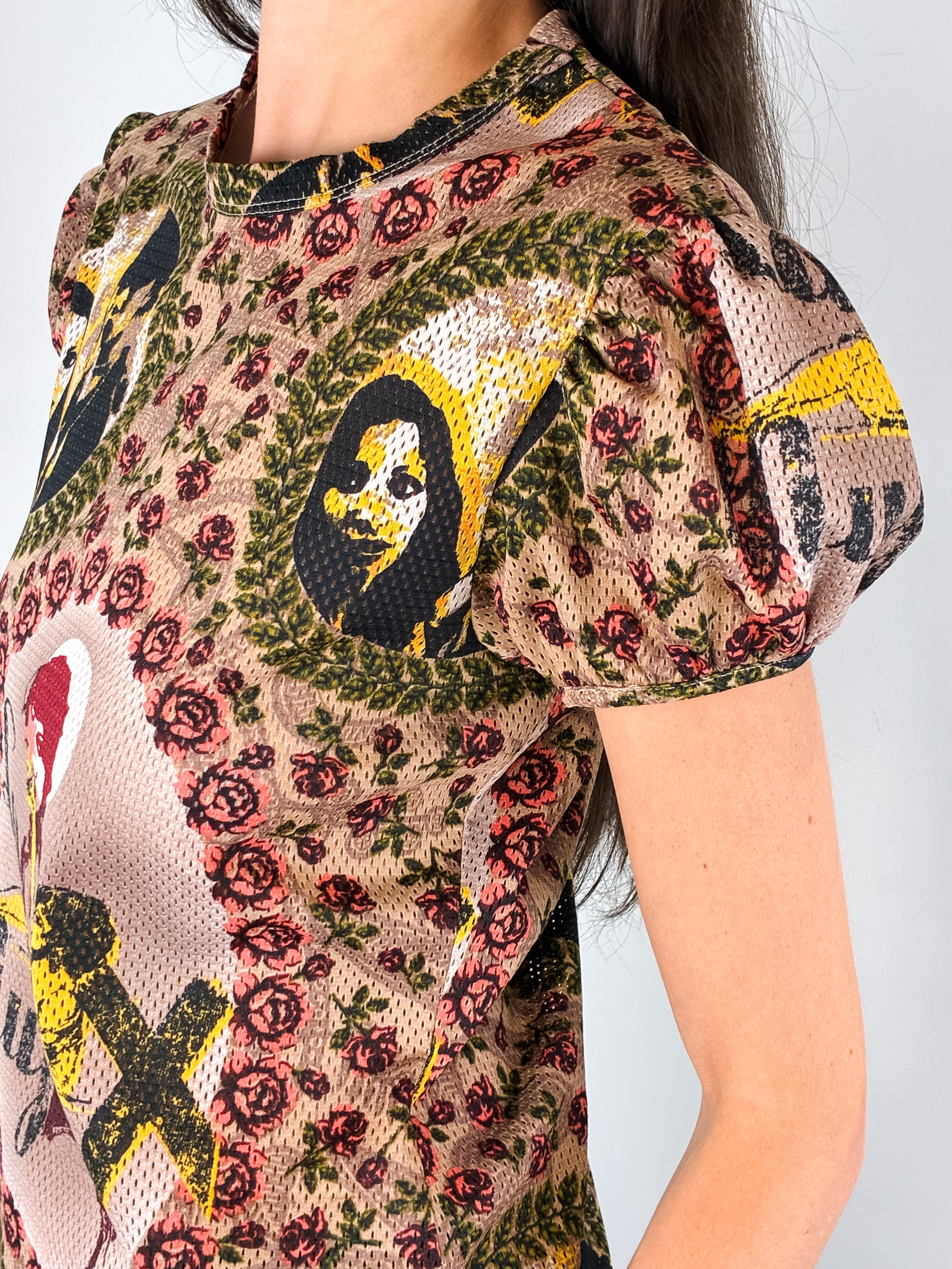 Jean Paul Gaultier JPG Jean's 1990s La Mujer Print Puff Sleeve Mesh Top - S-L