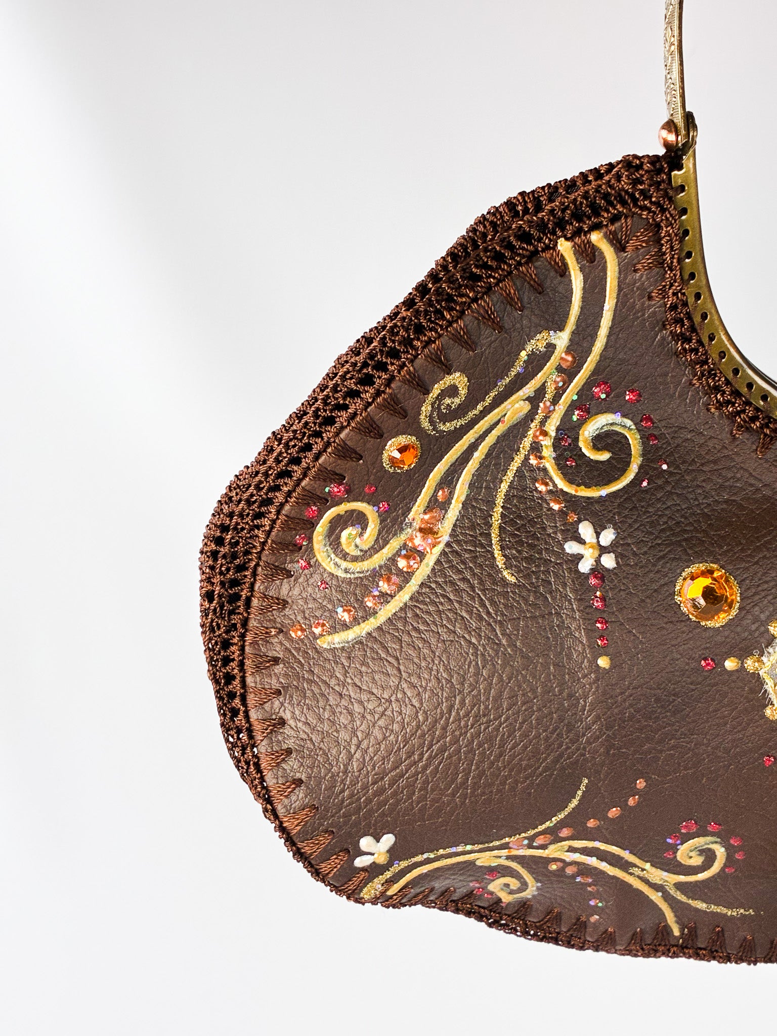 2000s Hand-Painted Brown Embellished Evening Bag with Ring Handle