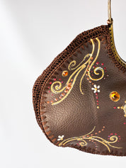 2000s Hand-Painted Brown Embellished Evening Bag with Ring Handle