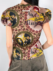 Jean Paul Gaultier JPG Jean's 1990s La Mujer Print Puff Sleeve Mesh Top - S-L