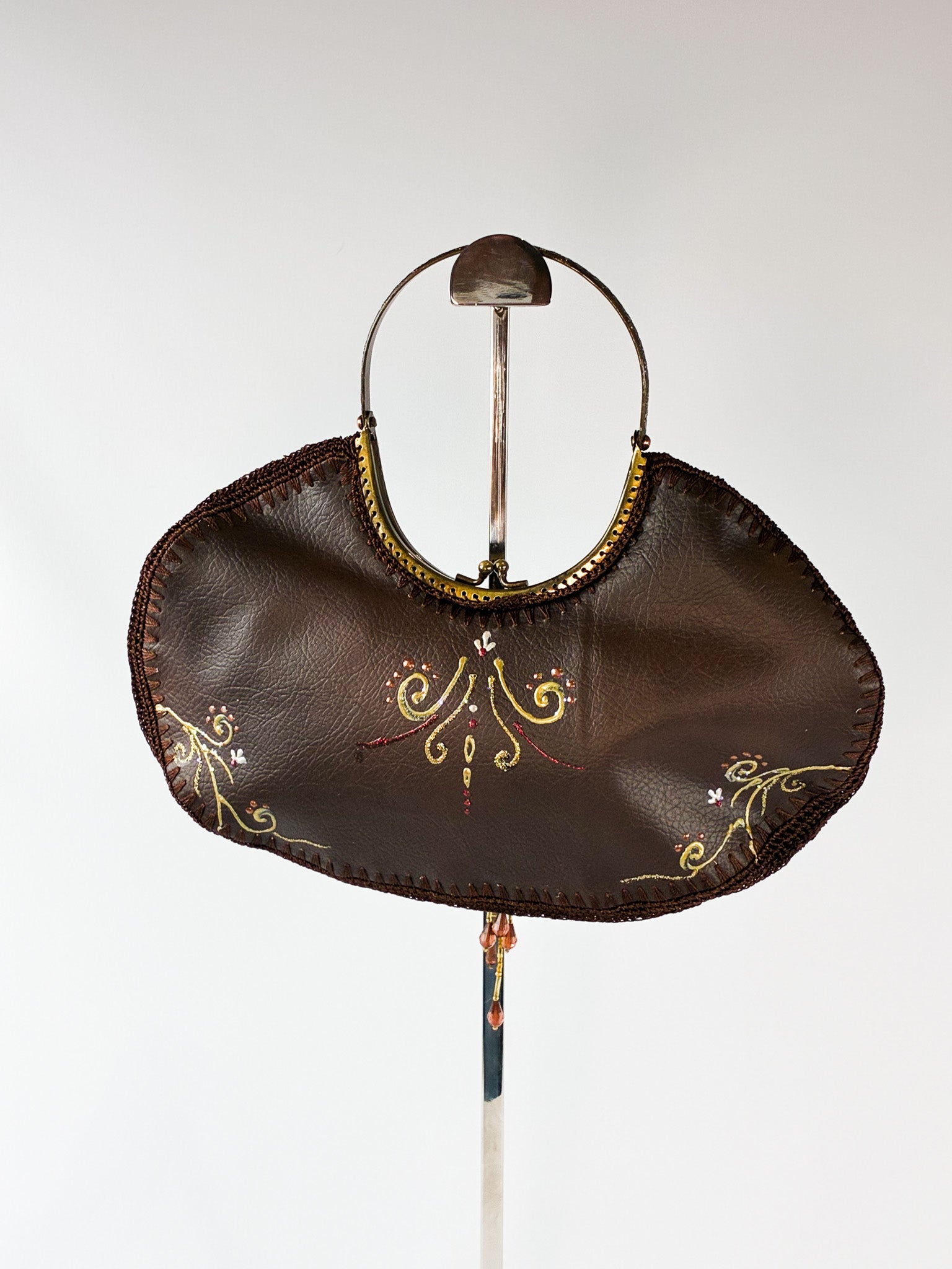 2000s Hand-Painted Brown Embellished Evening Bag with Ring Handle