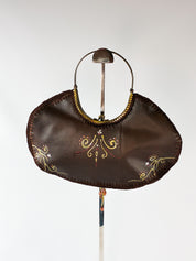2000s Hand-Painted Brown Embellished Evening Bag with Ring Handle