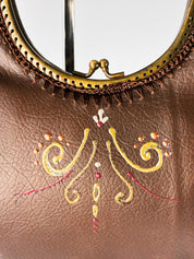 2000s Hand-Painted Brown Embellished Evening Bag with Ring Handle