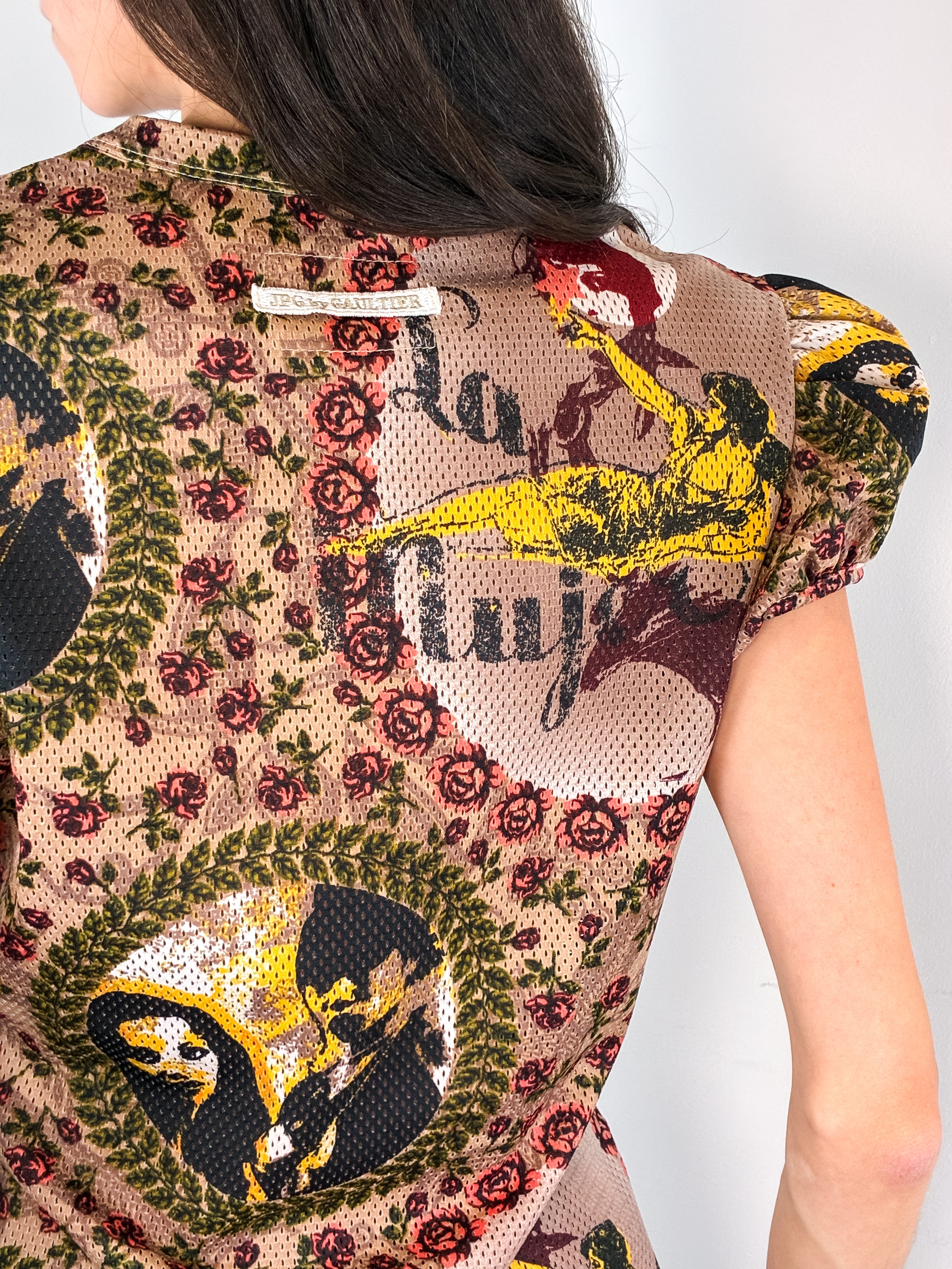 Jean Paul Gaultier JPG Jean's 1990s La Mujer Print Puff Sleeve Mesh Top - S-L