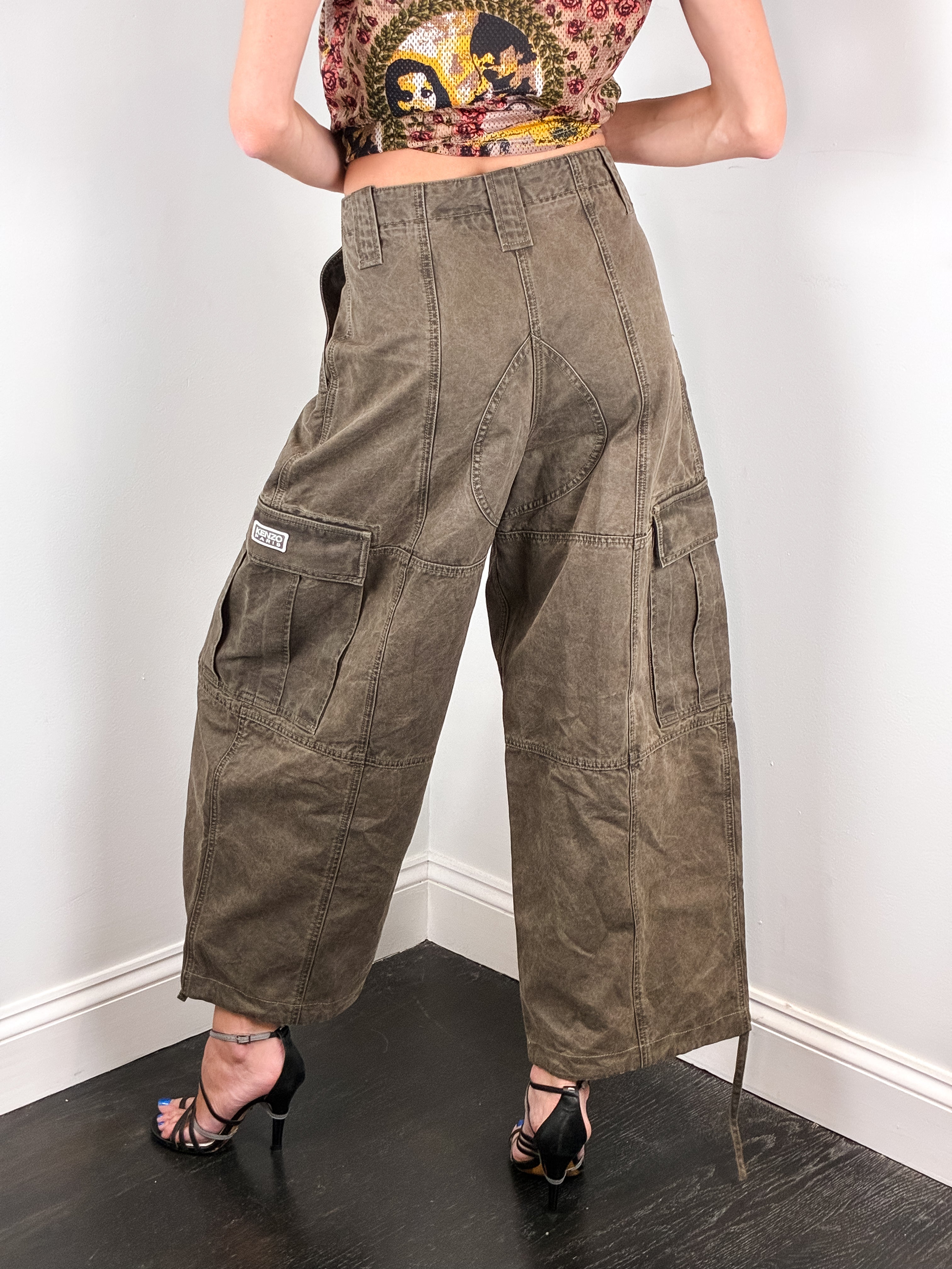 Kenzo Paris Modern Washed Olive Barrel Leg Cargo Pants - W28