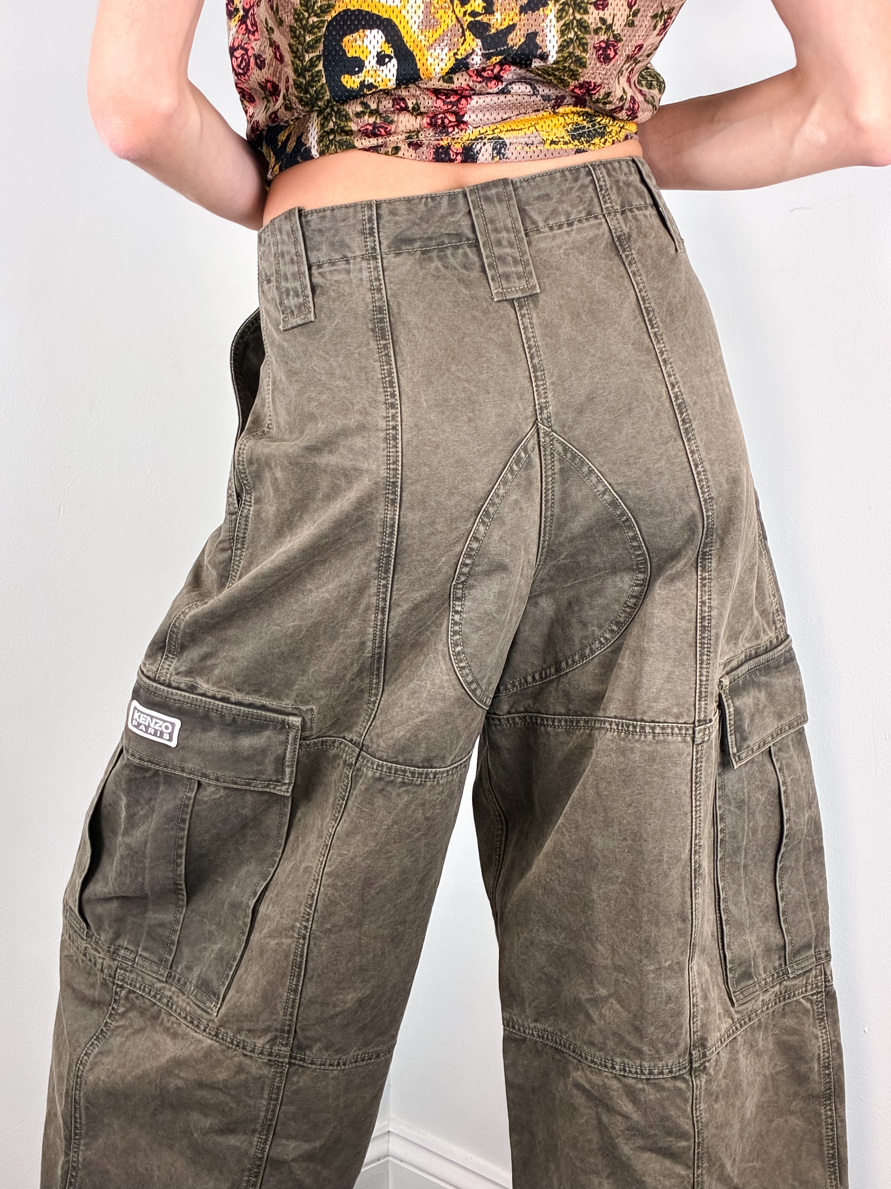 Kenzo Paris Modern Washed Olive Barrel Leg Cargo Pants - W28