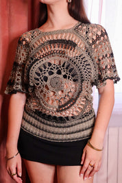 Vintage 2000s Metallic Spiral Crochet Sheer Top