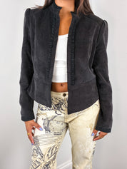 Camaieu 2000s Charcoal Faux Suede Ruffle-Trim Jacket - M