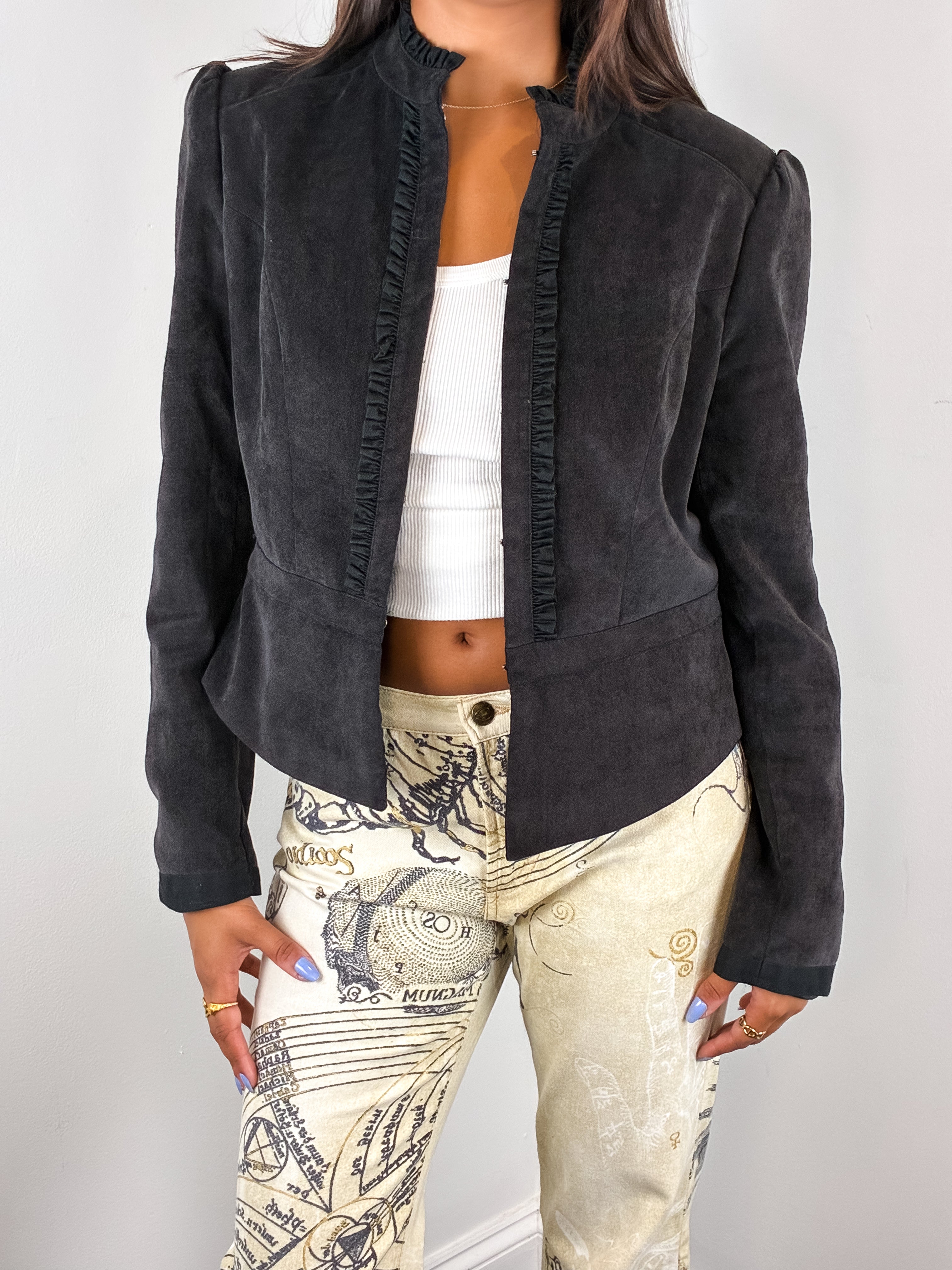 Camaieu 2000s Charcoal Faux Suede Ruffle-Trim Jacket - M