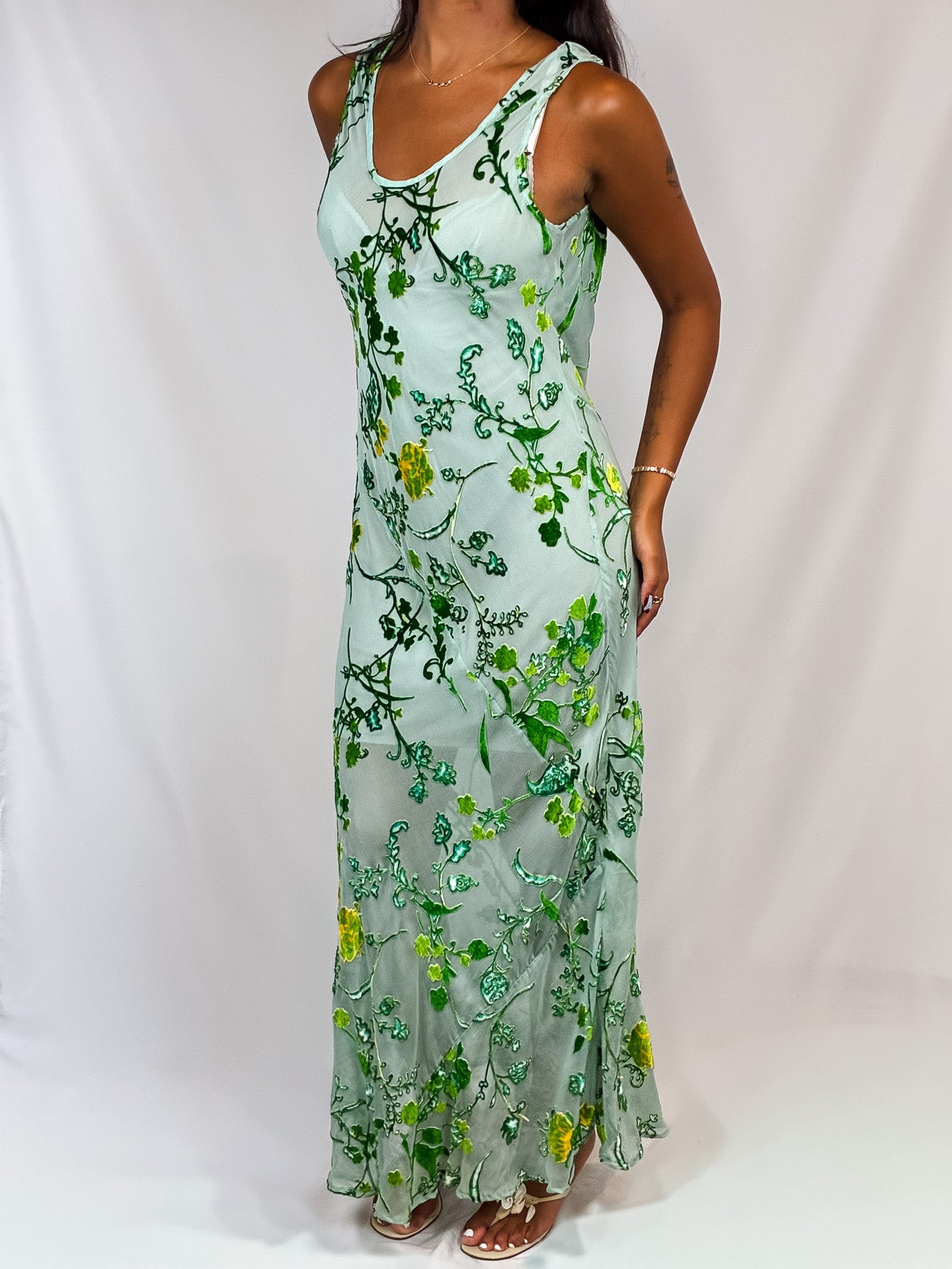 Aris. A 2000s Sage Green Silk Velvet Burnout Floral Maxi - S/M