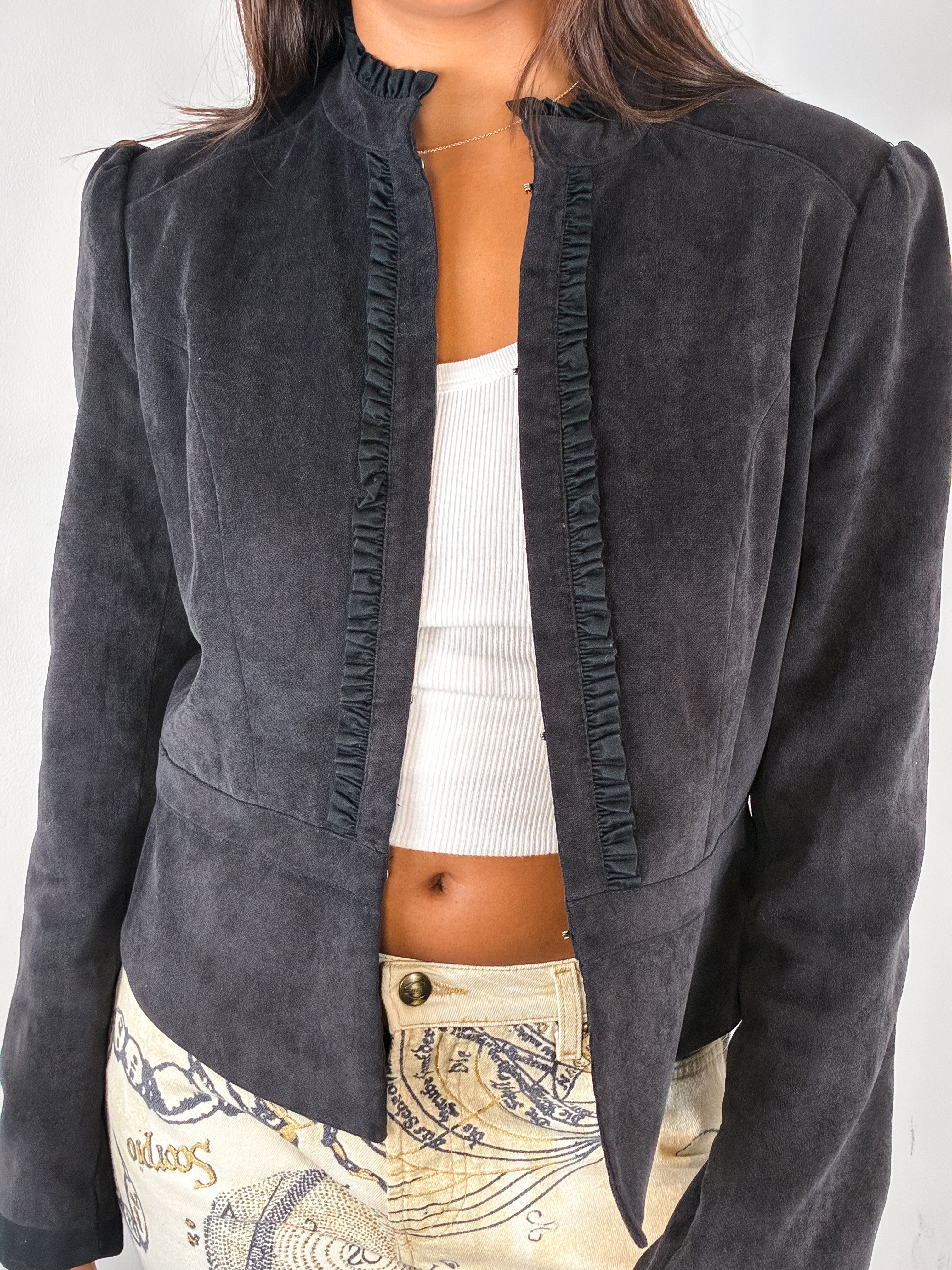 Camaieu 2000s Charcoal Faux Suede Ruffle-Trim Jacket - M