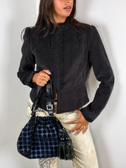 Camaieu 2000s Charcoal Faux Suede Ruffle-Trim Jacket - M