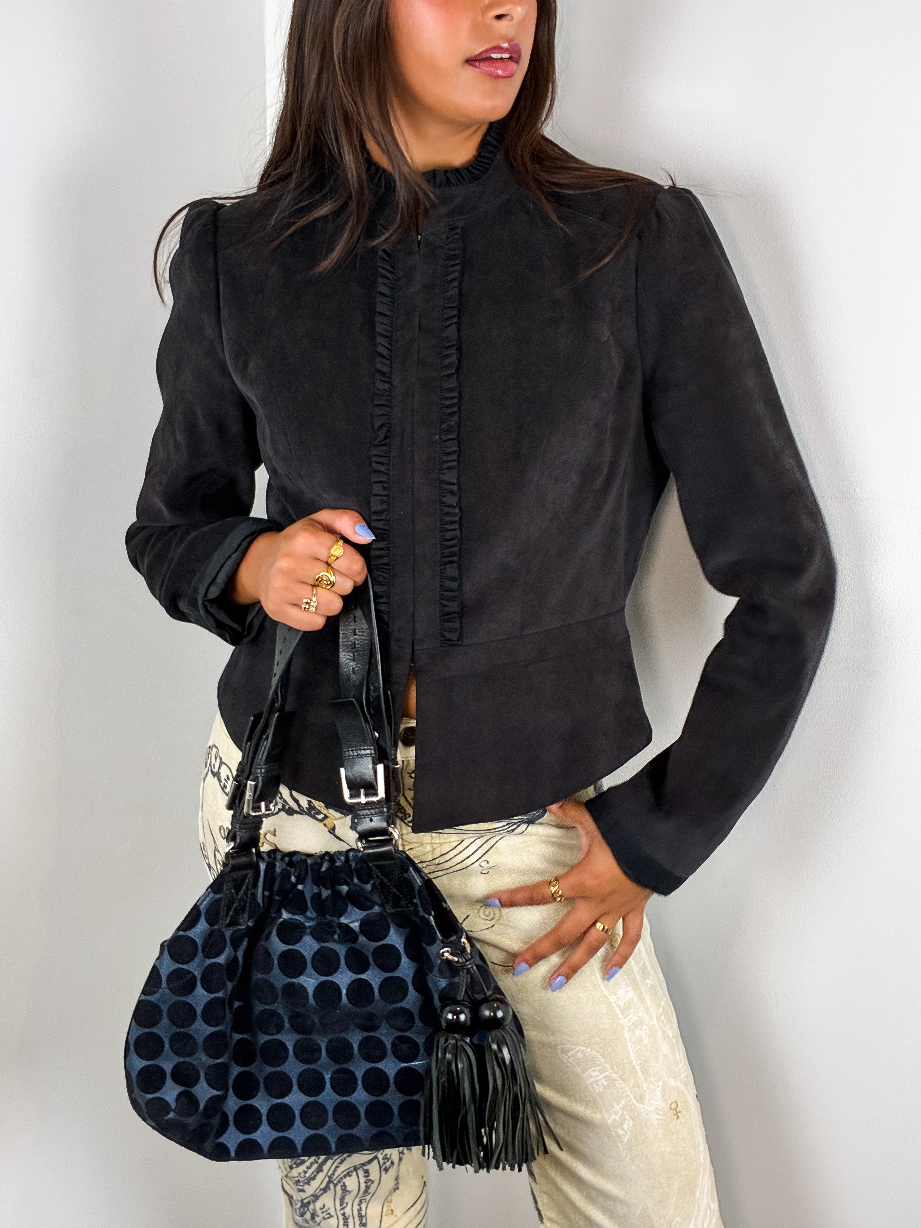 Camaieu 2000s Charcoal Faux Suede Ruffle-Trim Jacket - M