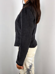 Camaieu 2000s Charcoal Faux Suede Ruffle-Trim Jacket - M