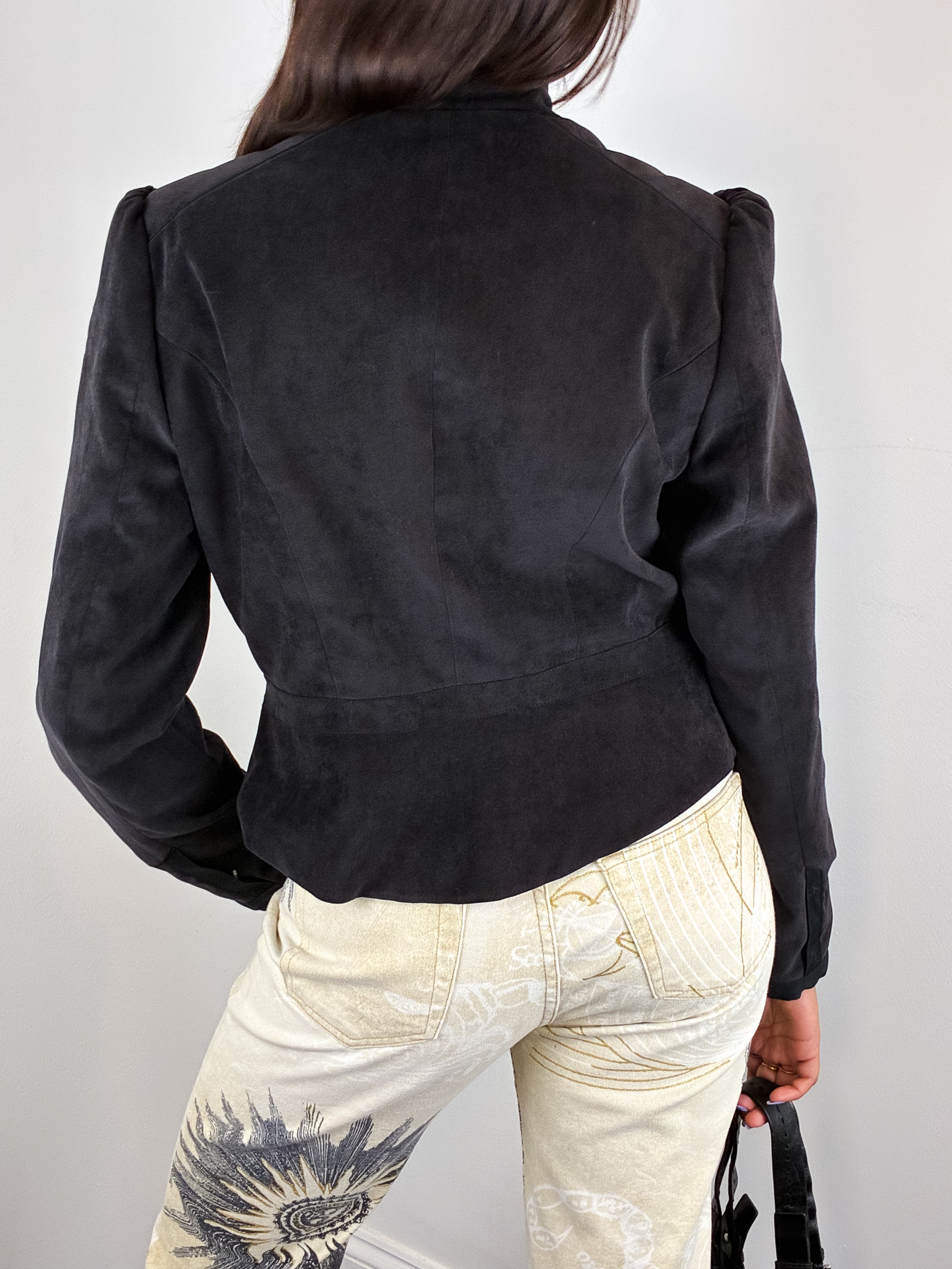 Camaieu 2000s Charcoal Faux Suede Ruffle-Trim Jacket - M