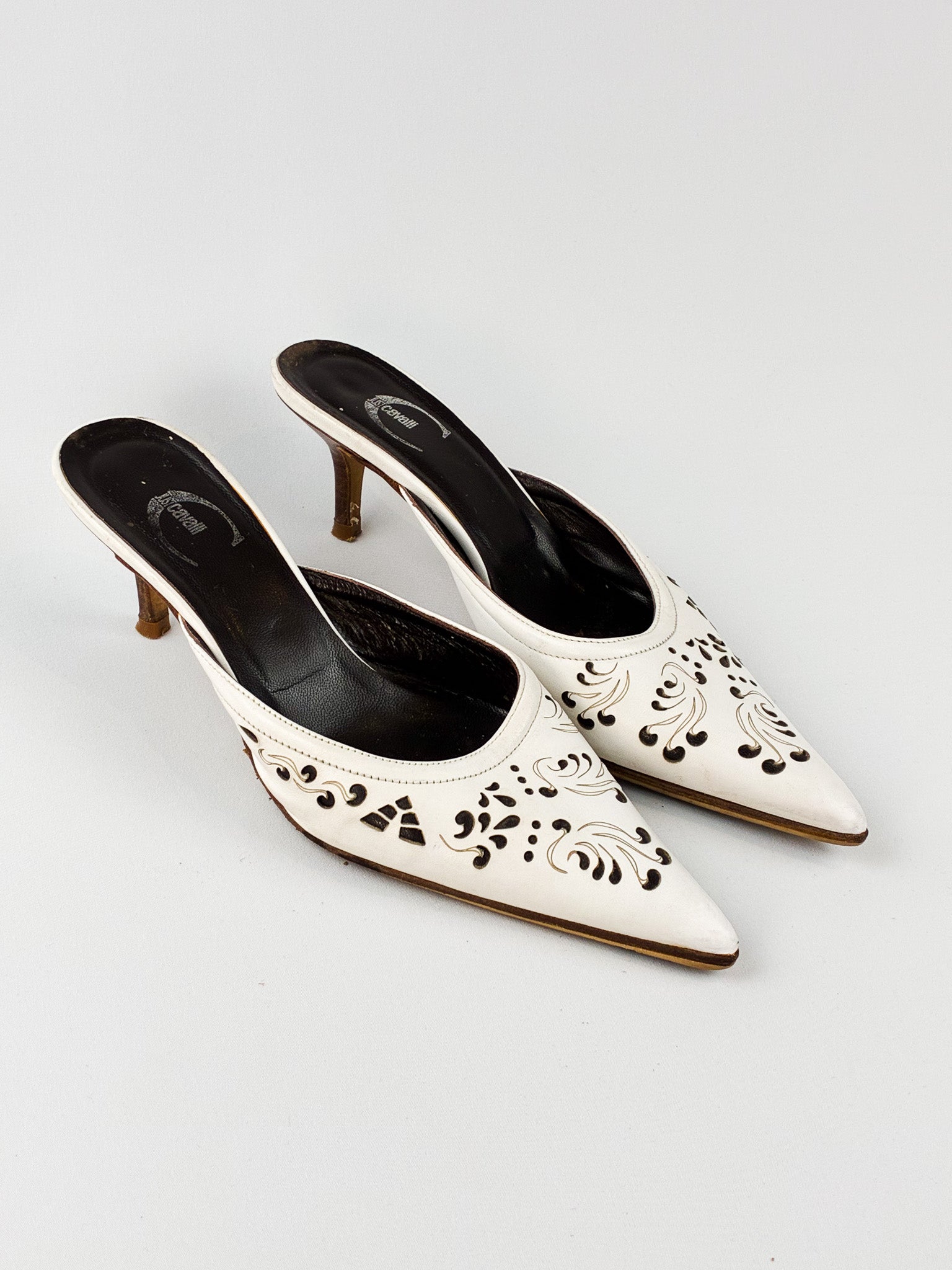 Just Cavalli 2000s White Laser-Cut Leather Kitten Heel Mules - EU 38