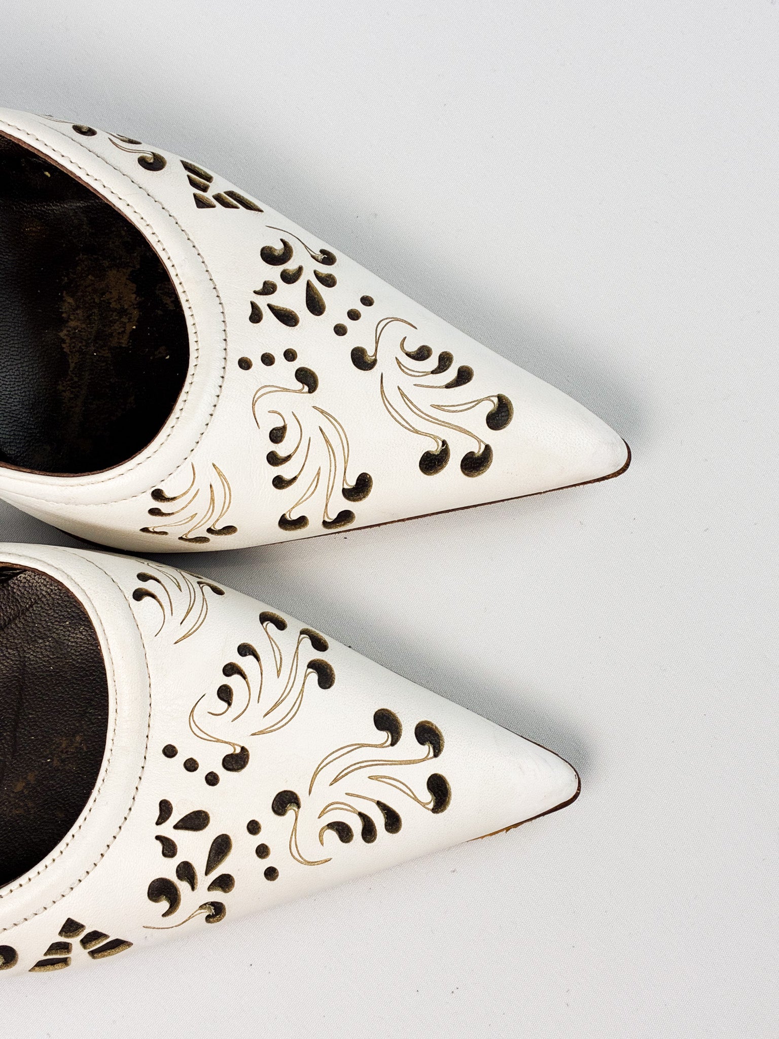 Just Cavalli 2000s White Laser-Cut Leather Kitten Heel Mules - EU 38