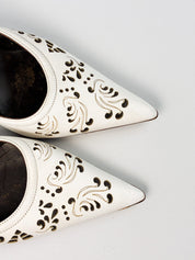 Just Cavalli 2000s White Laser-Cut Leather Kitten Heel Mules - EU 38