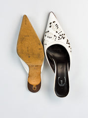 Just Cavalli 2000s White Laser-Cut Leather Kitten Heel Mules - EU 38
