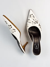 Just Cavalli 2000s White Laser-Cut Leather Kitten Heel Mules - EU 38