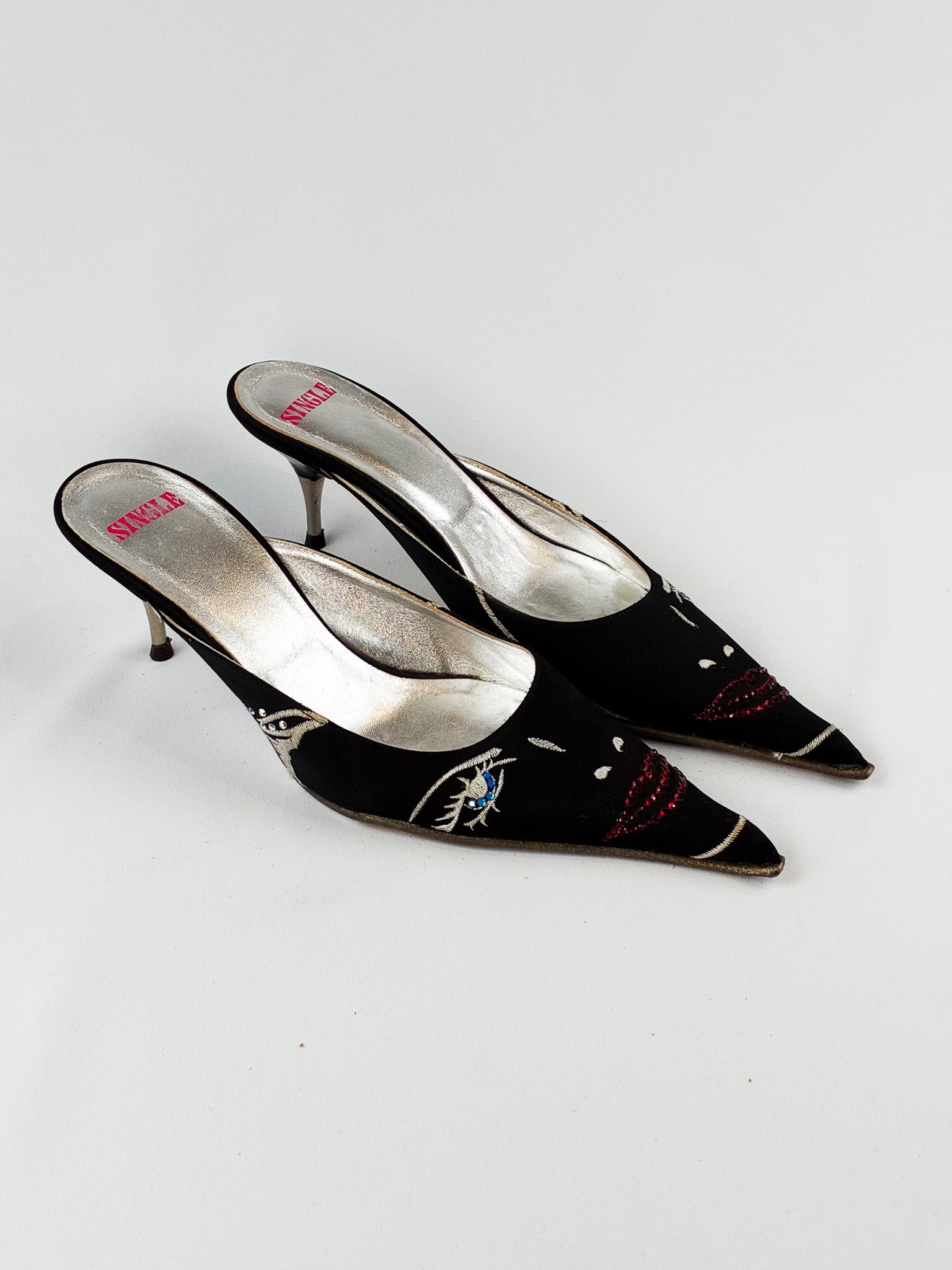 Single 2000s Black Satin Embroidered Face Kitten Heel Mules - EU 37