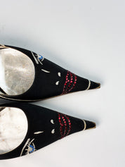 Single 2000s Black Satin Embroidered Face Kitten Heel Mules - EU 37