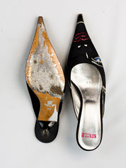 Single 2000s Black Satin Embroidered Face Kitten Heel Mules - EU 37
