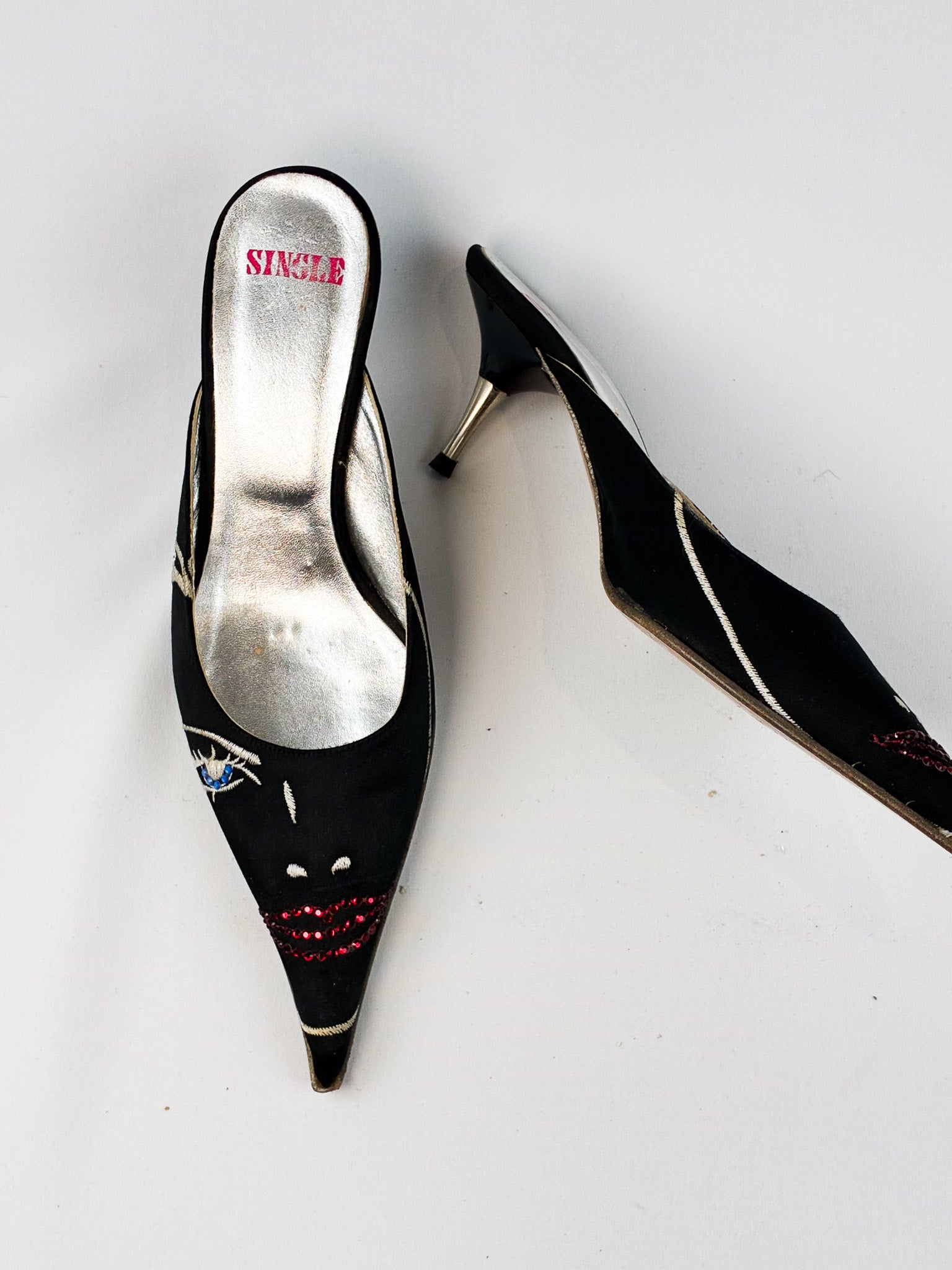 Single 2000s Black Satin Embroidered Face Kitten Heel Mules - EU 37