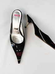 Single 2000s Black Satin Embroidered Face Kitten Heel Mules - EU 37