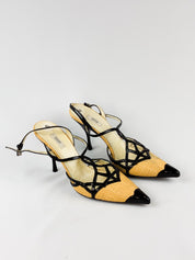Prada 2000s Tan Raffia and Black Patent Cap Toe Slingback Heels - EU 36