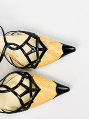 Prada 2000s Tan Raffia and Black Patent Cap Toe Slingback Heels - EU 36