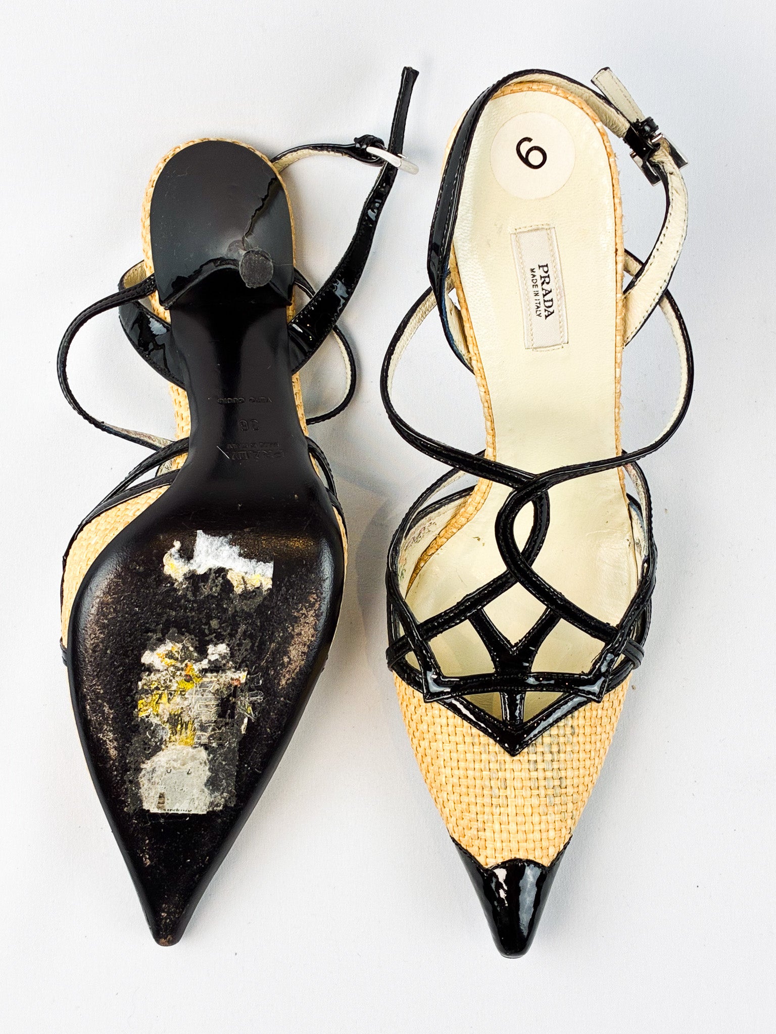 Prada 2000s Tan Raffia and Black Patent Cap Toe Slingback Heels - EU 36